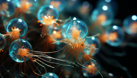 Glowing fish in deep blue sea, underwater nature beauty generated by artificial intelligenceの素材