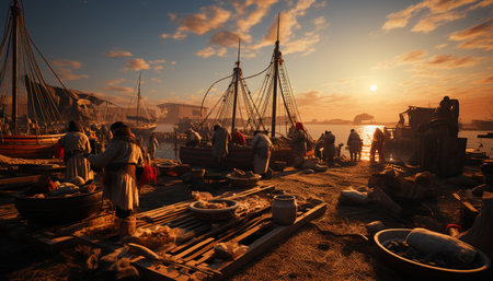 Sailboat sails on water, sunset paints nautical vessel silhouette generated by artificial intelligenceの素材