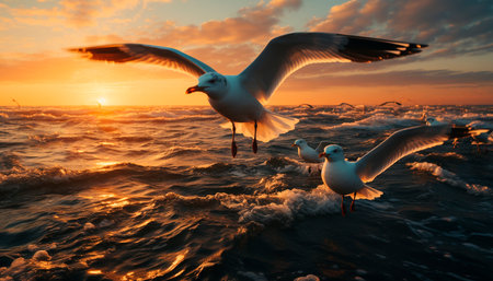 Seagull flying freely, sunset reflecting on tranquil sea generated by artificial intelligenceの素材