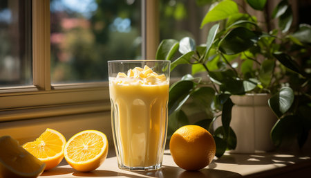 Fresh lemonade on wooden table, a taste of summer generated by artificial intelligenceの素材