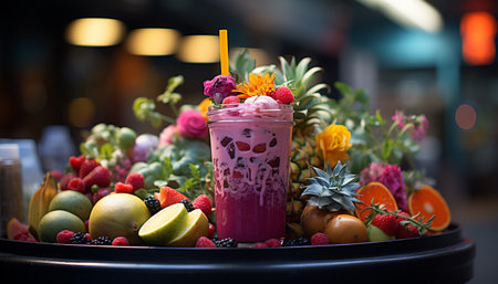Refreshing summer cocktail with fresh fruit and colorful decoration generated by artificial intelligenceの素材