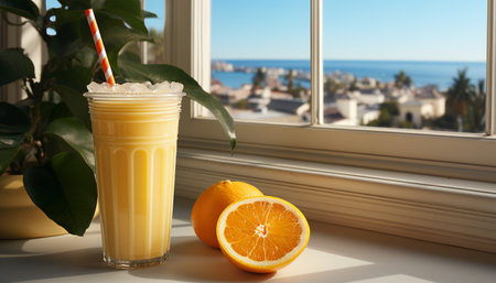 Refreshing summer cocktail on wooden table, surrounded by fresh fruits generated by artificial intelligenceの素材