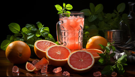 Fresh citrus fruit slice on wooden table, refreshing summer cocktail generated by artificial intelligenceの素材