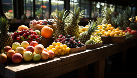 Freshness and variety of healthy fruits on a wooden table generated by artificial intelligenceの素材