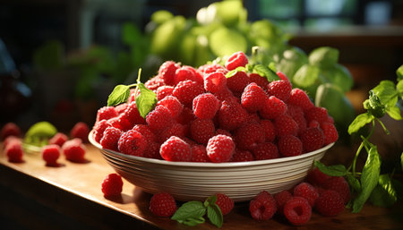 Freshness of summer berries on rustic wooden table generated by artificial intelligenceの素材