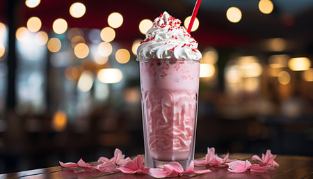 Refreshing milkshake with whipped cream and chocolate decoration on top generated by artificial intelligenceの素材