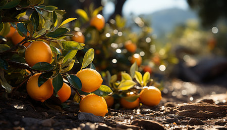 Fresh citrus fruits, ripe and juicy, grown in nature orchard generated by artificial intelligenceの素材