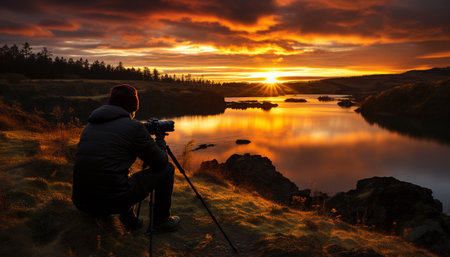 One person, silhouette, backlit by sunset, photographing nature beauty generated by artificial intelligenceの素材