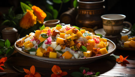 Freshness of gourmet meal on wooden table with multi colored fruits and vegetables generated by artificial intelligenceの素材