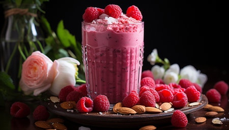 Fresh fruit dessert Raspberry yogurt milkshake with chocolate granola topping generated by artificial intelligenceの素材