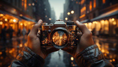 Photographer captures cityscape at night, focusing on foreground generated by artificial intelligenceの素材