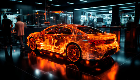 A shiny, modern sports car speeds through the illuminated city generated by artificial intelligenceの素材