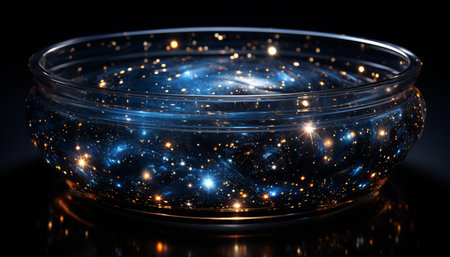 Shiny glass reflects abstract blue liquid on black background generated by artificial intelligenceの素材