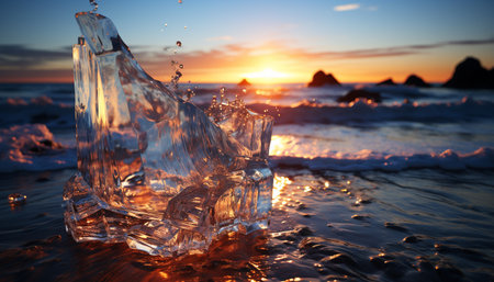 Sunset over water, waves reflecting the liquid sunlight, tranquil and refreshing generated by artificial intelligenceの素材