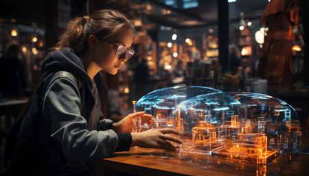Young adults working indoors at a table illuminated by technology generated by artificial intelligenceの素材