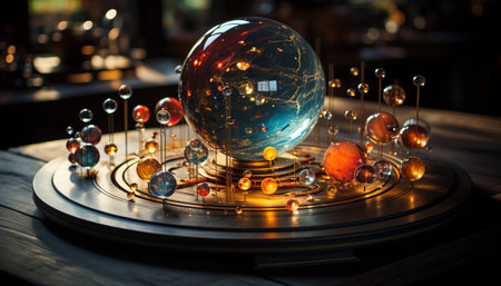 Glowing sphere illuminates table, reflecting world map in glass generated by artificial intelligenceの素材