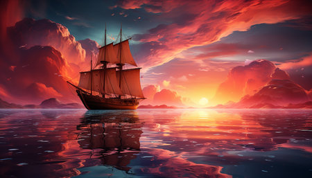 Sailing ship sails on sunset water, nature old fashioned adventure generated by artificial intelligenceの素材