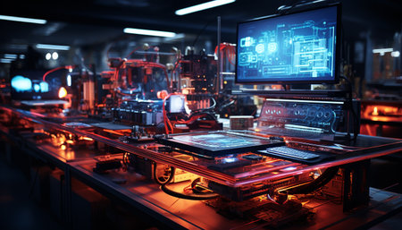 Futuristic factory illuminates innovation with modern computer equipment generated by artificial intelligenceの素材