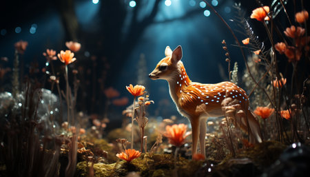 A cute deer in the meadow, surrounded by colorful flowers generated by artificial intelligenceの素材