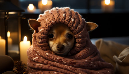 Cute puppy sitting, looking at camera, in winter snow generated by artificial intelligenceの素材