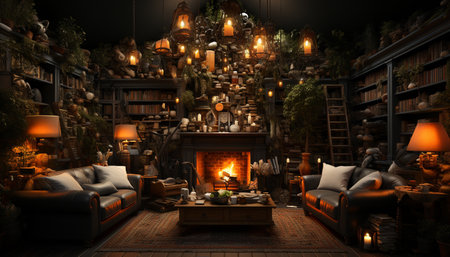 Cozy living room with glowing fireplace, comfortable sofa, and candlelight generated by artificial intelligenceの素材