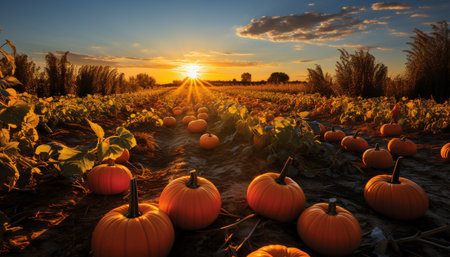 Autumn sunset paints rural landscape with vibrant orange and yellow generated by artificial intelligenceの素材