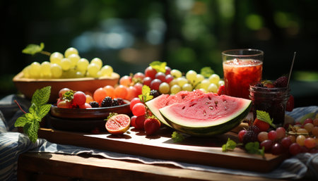 Fresh summer fruit on a wooden picnic table, healthy and organic generated by artificial intelligenceの素材