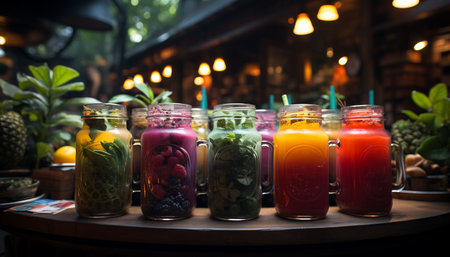 Fresh fruit cocktail on table, refreshing summer drink with ice generated by artificial intelligenceの素材