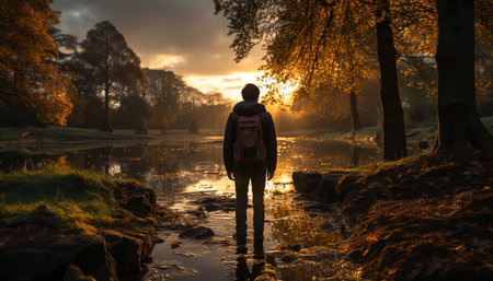One person hiking in the autumn forest, backpacking adventure generated by artificial intelligenceの素材