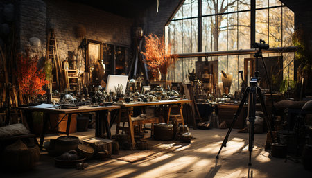 Modern workshop with old fashioned woodwork tools and creative craftsmanship generated by artificial intelligenceの素材