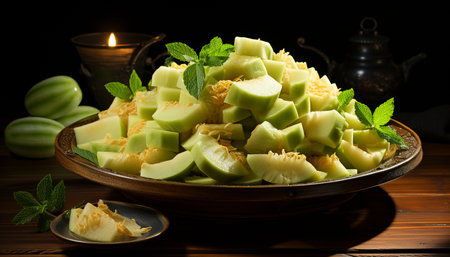 Healthy gourmet dessert Sweet watermelon slice on wooden plate generated by artificial intelligenceの素材