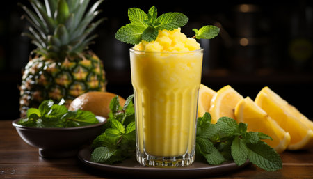 Fresh mint leaf adds culinary freshness to fruity cocktail drink generated by artificial intelligenceの素材