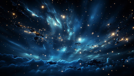 Glowing star field illuminates the dark night sky in space generated by artificial intelligenceの素材