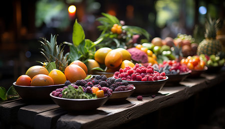 Fresh, healthy fruit bowl orange, grape, strawberry, raspberry, pineapple generated by artificial intelligenceの素材