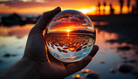 Silhouette of a man holding a drink, reflecting on sunset generated by artificial intelligenceの素材