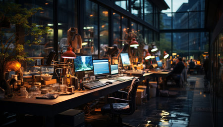 Modern office with illuminated computer monitor and laptop on desk generated by artificial intelligenceの素材