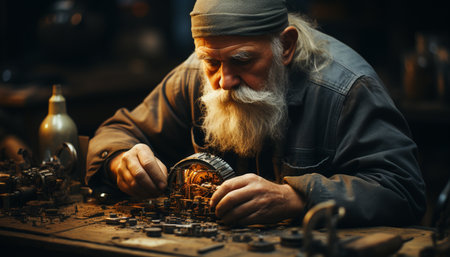 One skilled carpenter making leather crafts indoors with precision generated by artificial intelligenceの素材