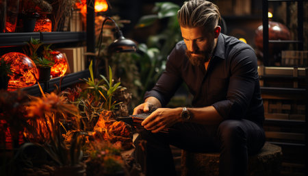 A young adult businessman sitting outdoors, holding a mobile phone generated by artificial intelligenceの素材