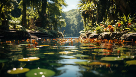 Tranquil scene green leaf reflections in serene pond water generated by artificial intelligenceの素材