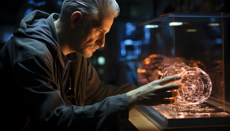 One man, expert in craft, making industry equipment indoors generated by artificial intelligenceの素材
