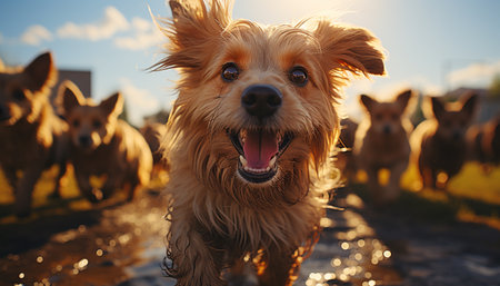 Cute puppy sitting in grass, looking at camera, enjoying summer generated by artificial intelligenceの素材