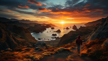 Silhouette of one person hiking, exploring tranquil mountain landscape generated by artificial intelligenceの素材