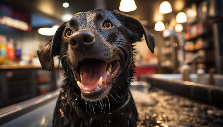 Cute puppy sitting outdoors, wet fur, looking at camera generated by artificial intelligenceの素材