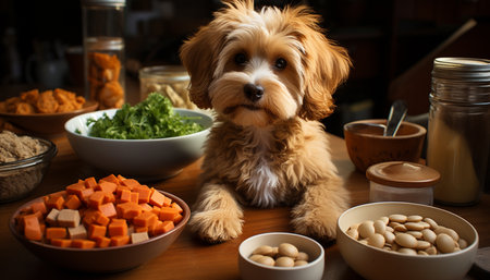 Cute puppy sitting on table, eating healthy vegetable meal generated by artificial intelligenceの素材