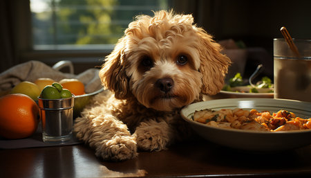 Cute puppy sitting indoors, looking at camera, eating healthy food generated by artificial intelligenceの素材