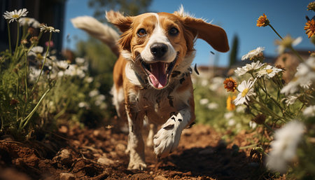 A cute puppy running in the meadow, enjoying the outdoors generated by artificial intelligenceの素材