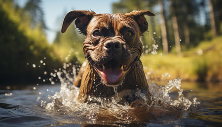 Cute puppy playing in water, enjoying summer outdoors generated by artificial intelligenceの素材