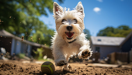 Cute terrier puppy playing outdoors, chasing blue ball in grass generated by artificial intelligenceの素材
