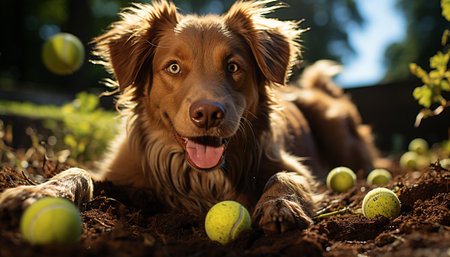Cute puppy playing with tennis ball in the grass generated by artificial intelligenceの素材