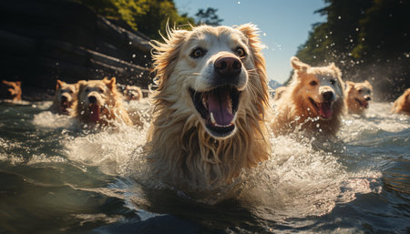 Golden retriever playing in the water, splashing and having fun generated by artificial intelligenceの素材
